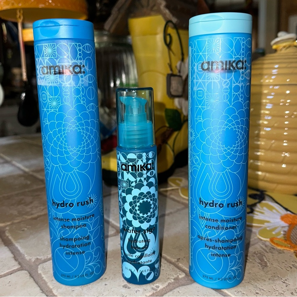 Amika Hydro Rush Shampoo, Conditioner, & Hair Oil.